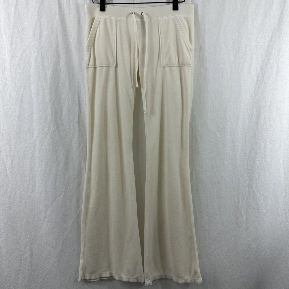 Juicy Couture Y2K Ivory Velour Flared Leg Pants Womens XS/P Lounge Snap Pocket